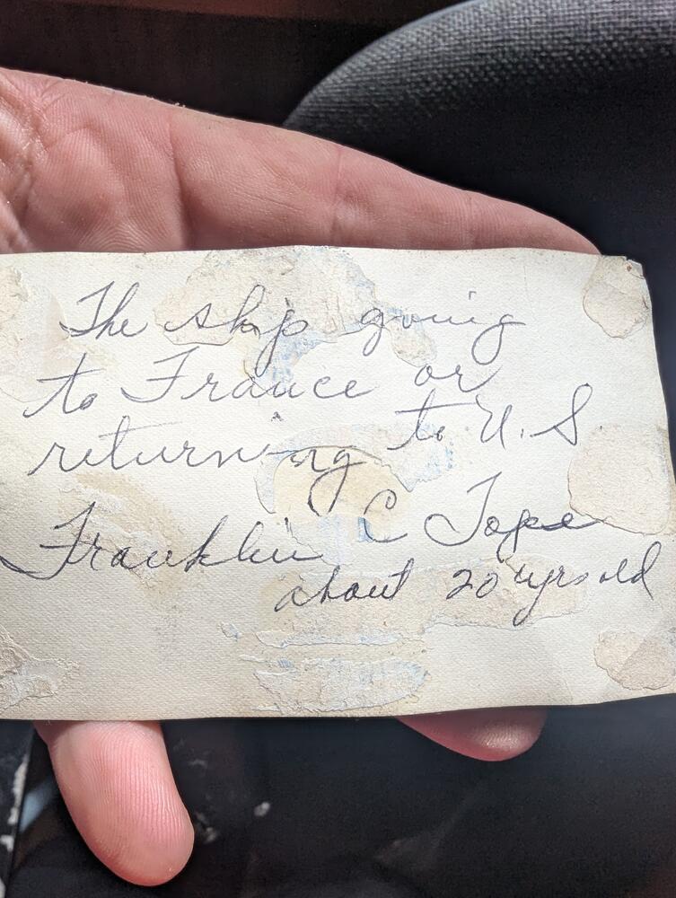 Handwritten note: Franklin C. Tope, about 20 years old, ship going to France or returning to U.S.